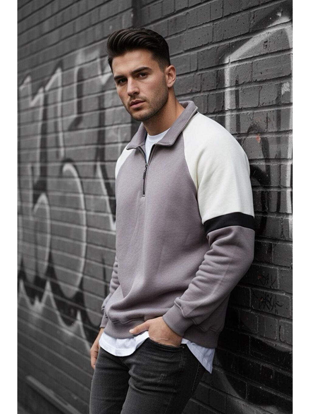 Gri Wesst Üç İplik Şardonlu Yarım Fermuarlı Yaka Erkek Sweatshirt