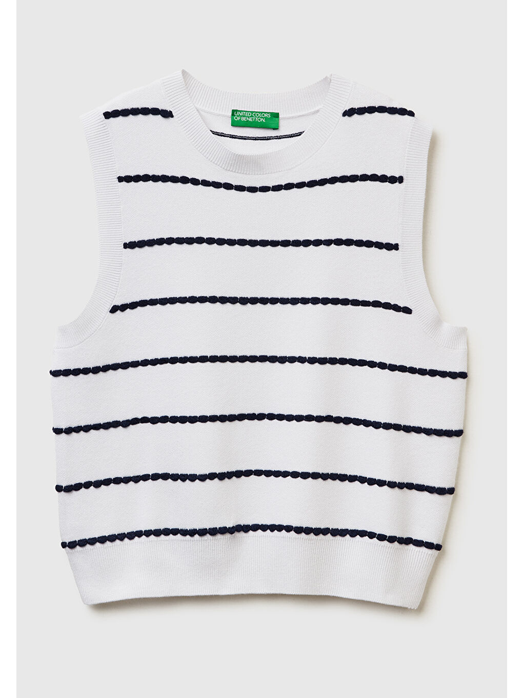 Kadın Ekru-Gri Mix Viskoz ve Akrilik Karışımlı Çizgili Kolsuz Kazak-1