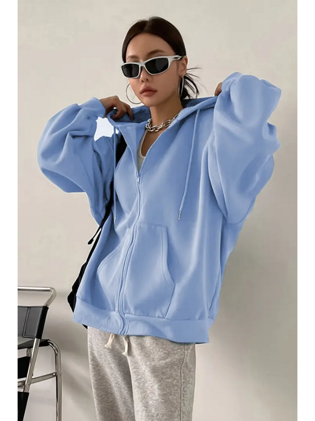 Unisex Mavi Fermuar Kapüşonlu Sweatshirt