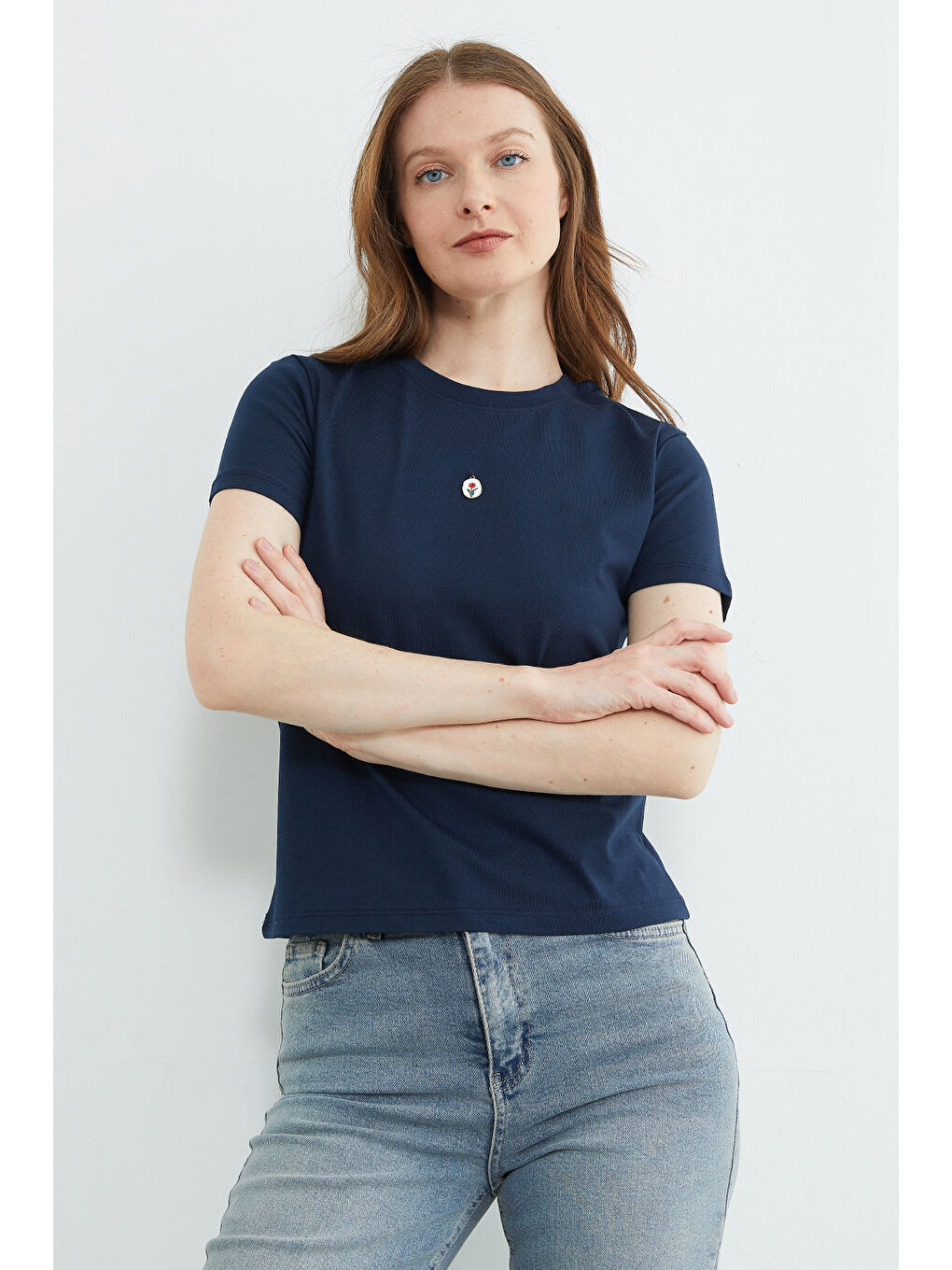 Lacivert Metal Aksesuarlı Bisiklet Yaka Tişört-3