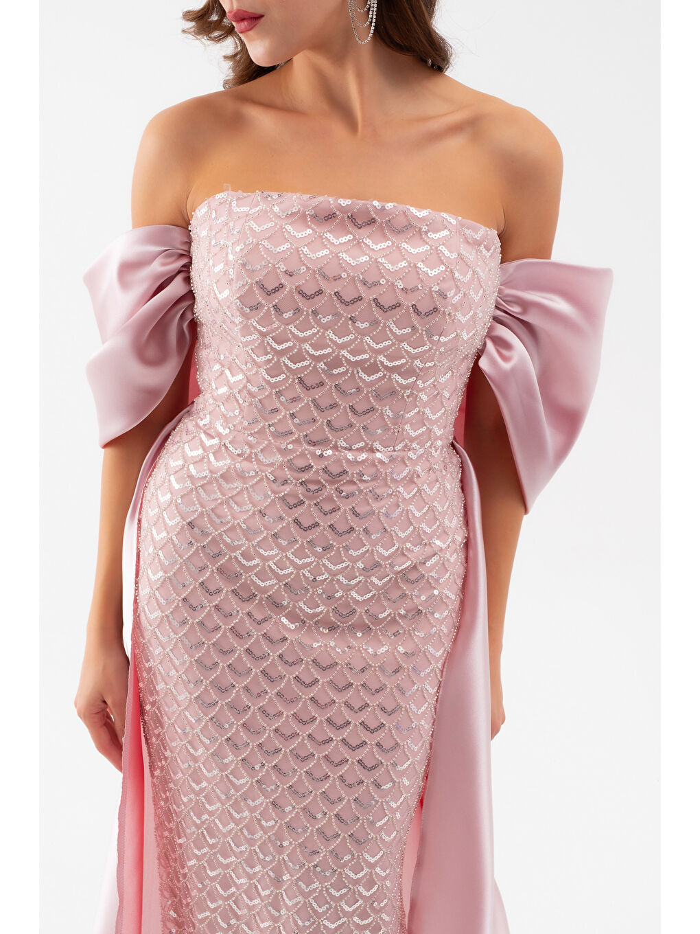 Pembe Kadın Pudra Straplez Boncuklu Saten Kuyruklu Uzun Abiye-4