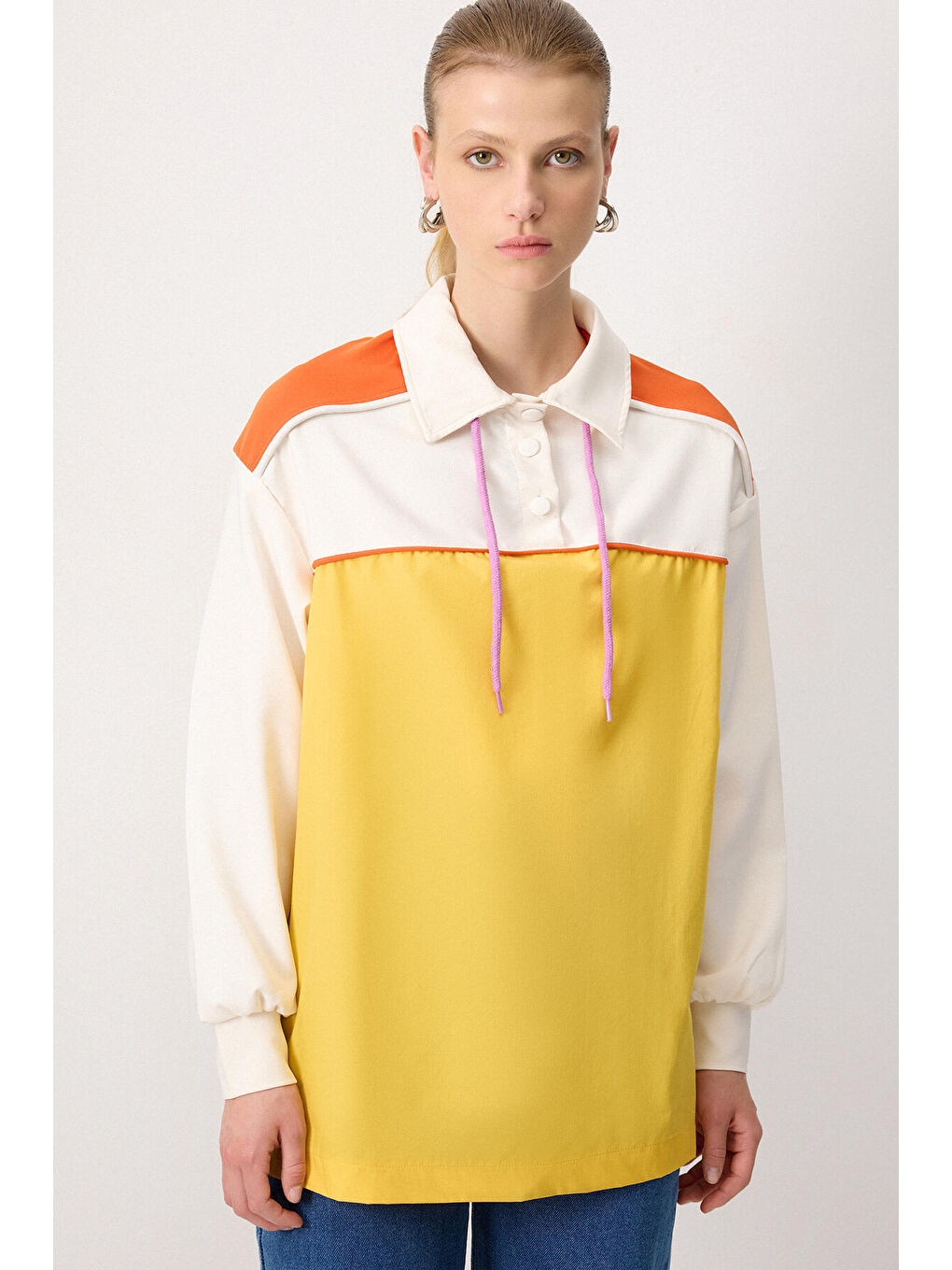 Sarı Blok Renkli Krep Tunik-1