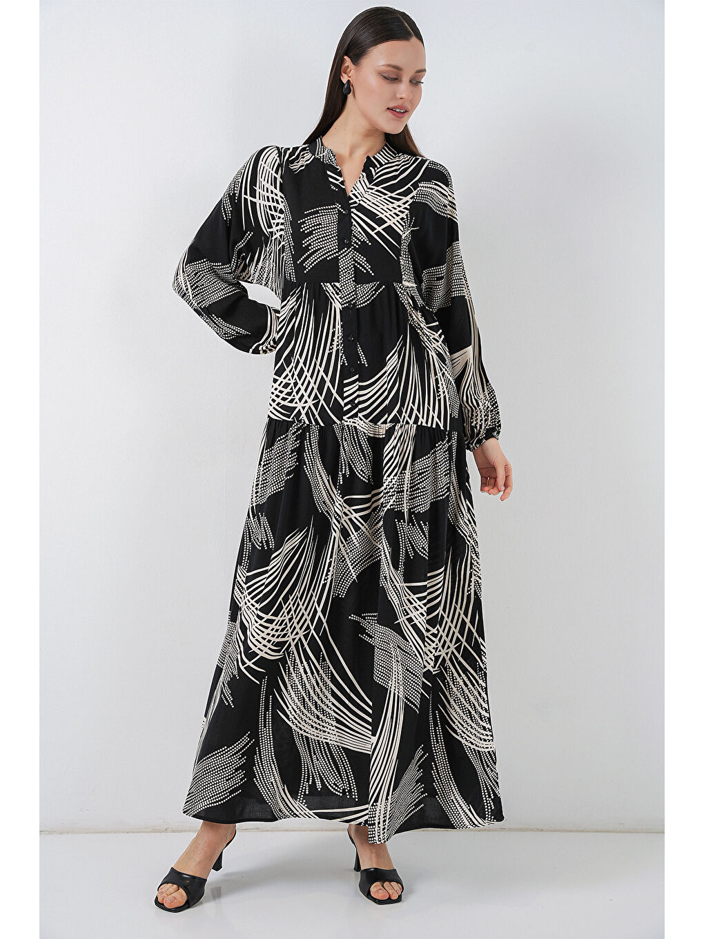 Kadın Desenli Uzun Tesettür Elbise 2585 - M.Siyah-2