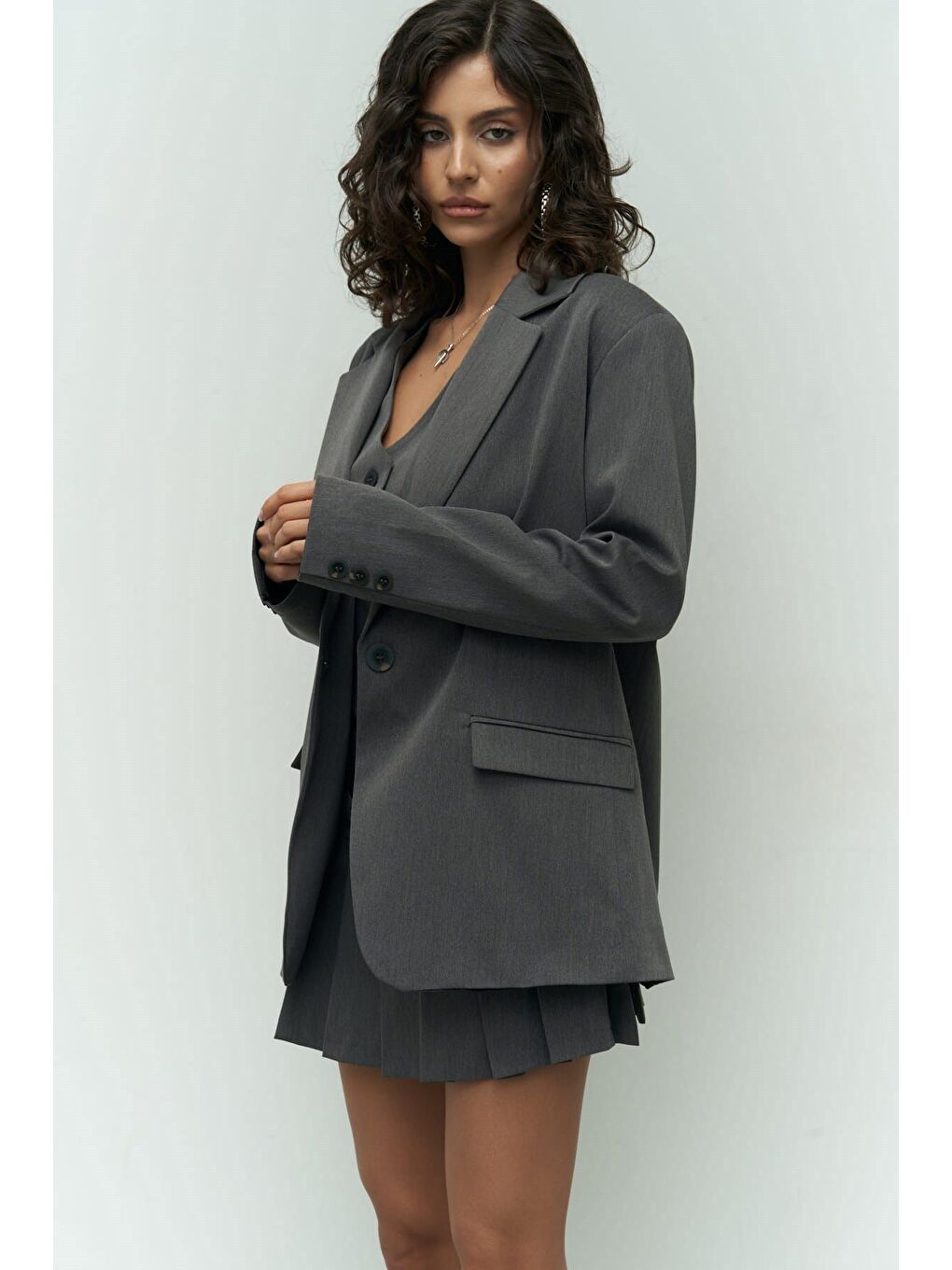 Gri Pietro Yelekli Füme Blazer-6