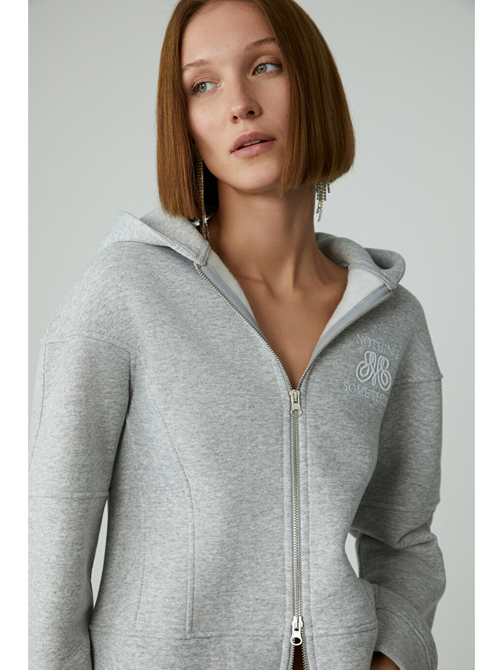 Robına Kadın Şardonlu Kapüşonlu Nakış Detaylı Gri Melanj Sweatshirt-4