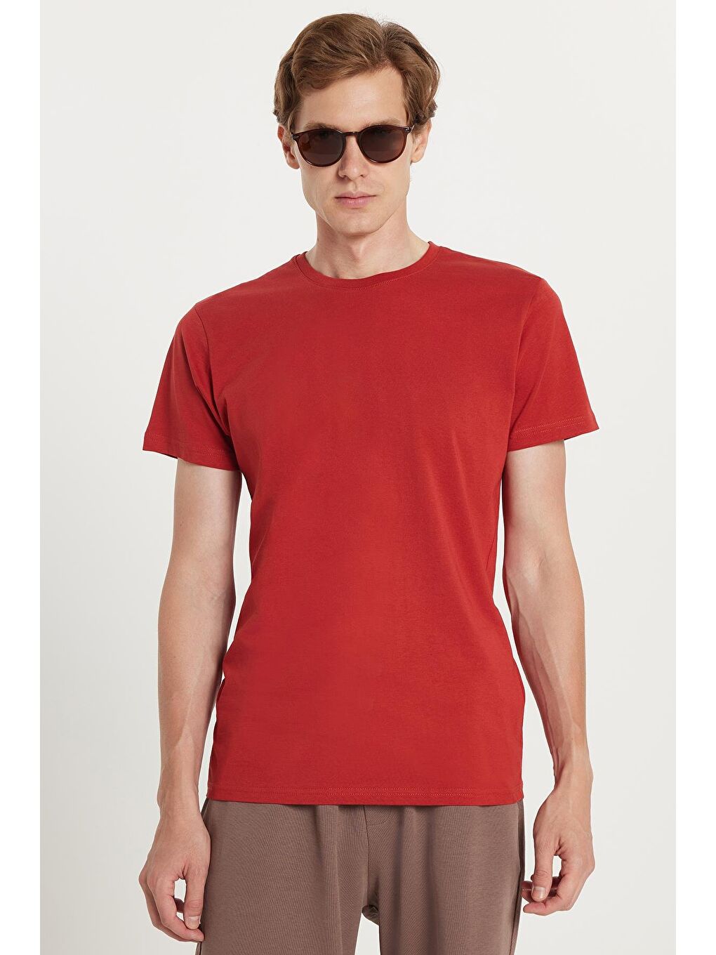 Kahverengi Unisex Slim Fit Dar Kesim %100 Pamuk Yumuşak Dokulu Kiremit Bisiklet Yaka Tişört-3