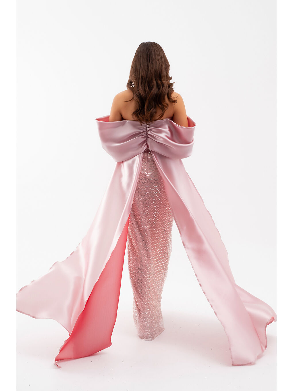 Pembe Kadın Pudra Straplez Boncuklu Saten Kuyruklu Uzun Abiye-5