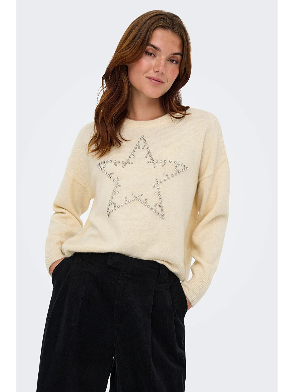 Ekru Onlrenata Yün Karışım Regular Fit Yıldız Desenli Kazak 15353062