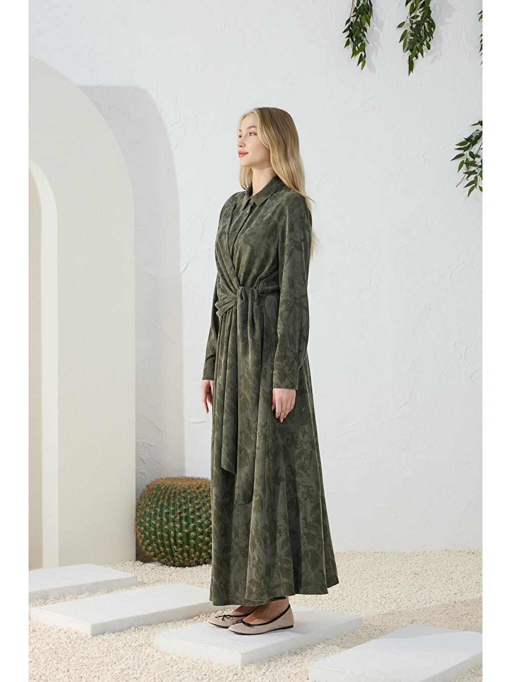 Haki Jakarlı Bağlama Detaylı Elbise-2