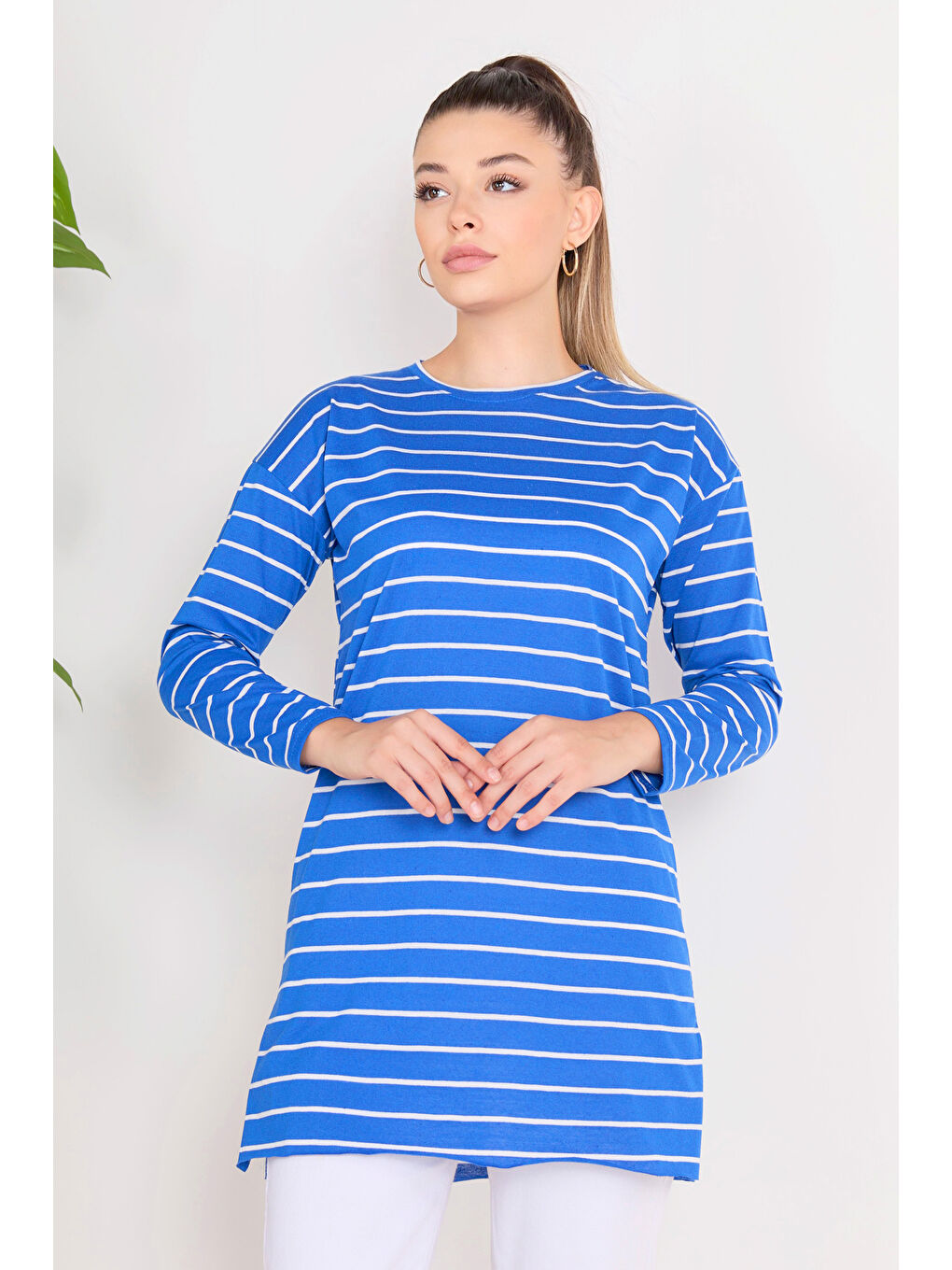 Mavi Çİzgili Yırtmaçlı Tunik Saks - 27134-3