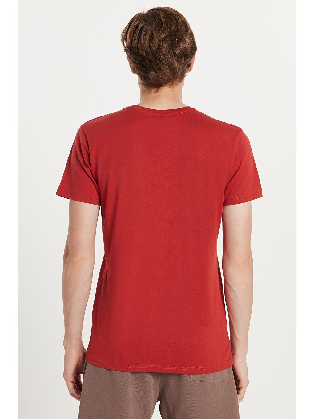 Kahverengi Unisex Slim Fit Dar Kesim %100 Pamuk Yumuşak Dokulu Kiremit Bisiklet Yaka Tişört-4