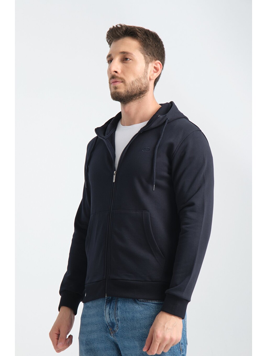 Lacivert Erkek Üç İplik Şardonsuz Fermuarlı Kapüşonlu Sweatshirt-5