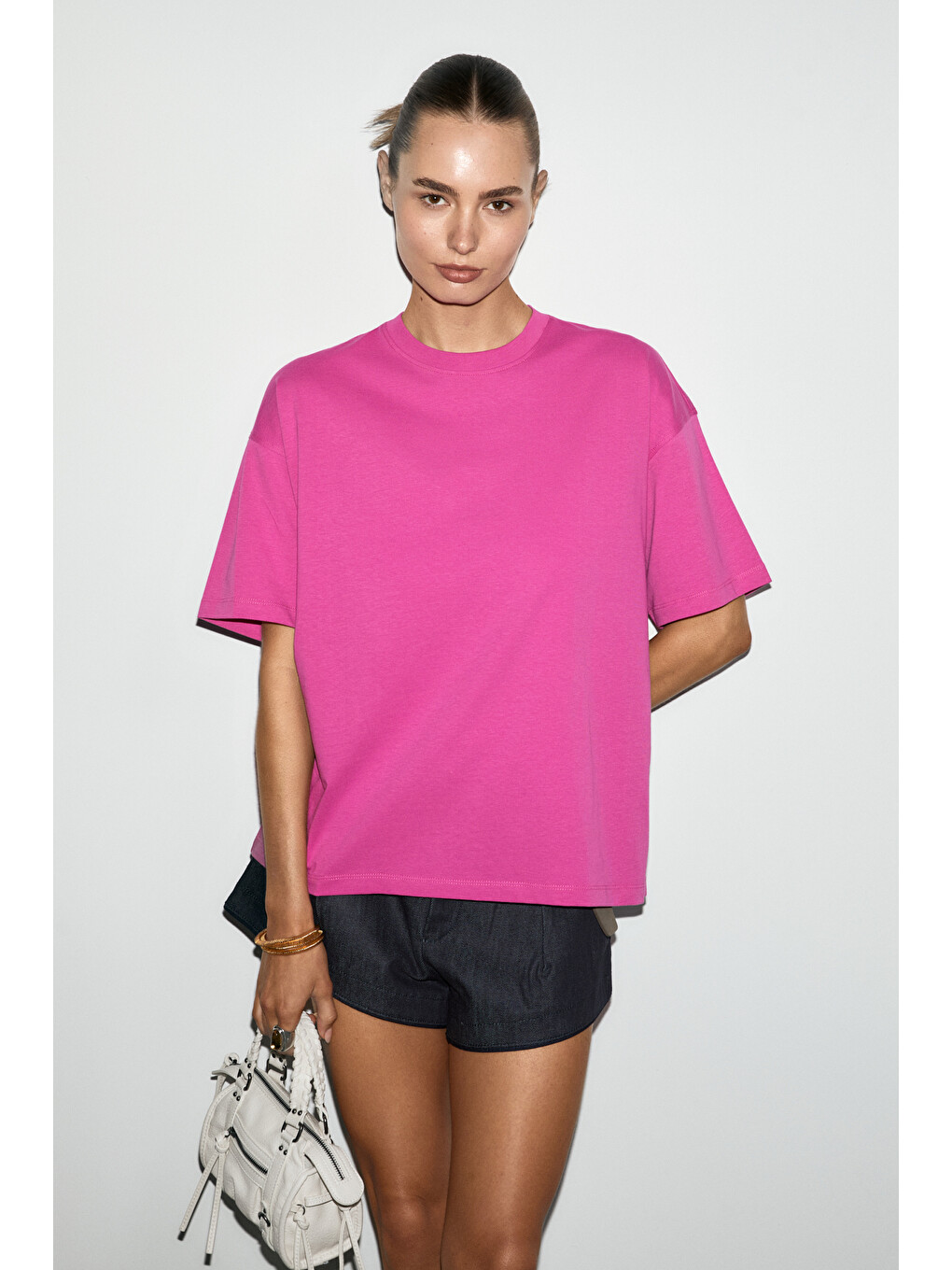 Fuşya LAGERTHA Kadın %100 organik Pamuklu Kalın Dokulu Oversize Fit Yuvarlak Yakalı FUŞYA T-Shirt