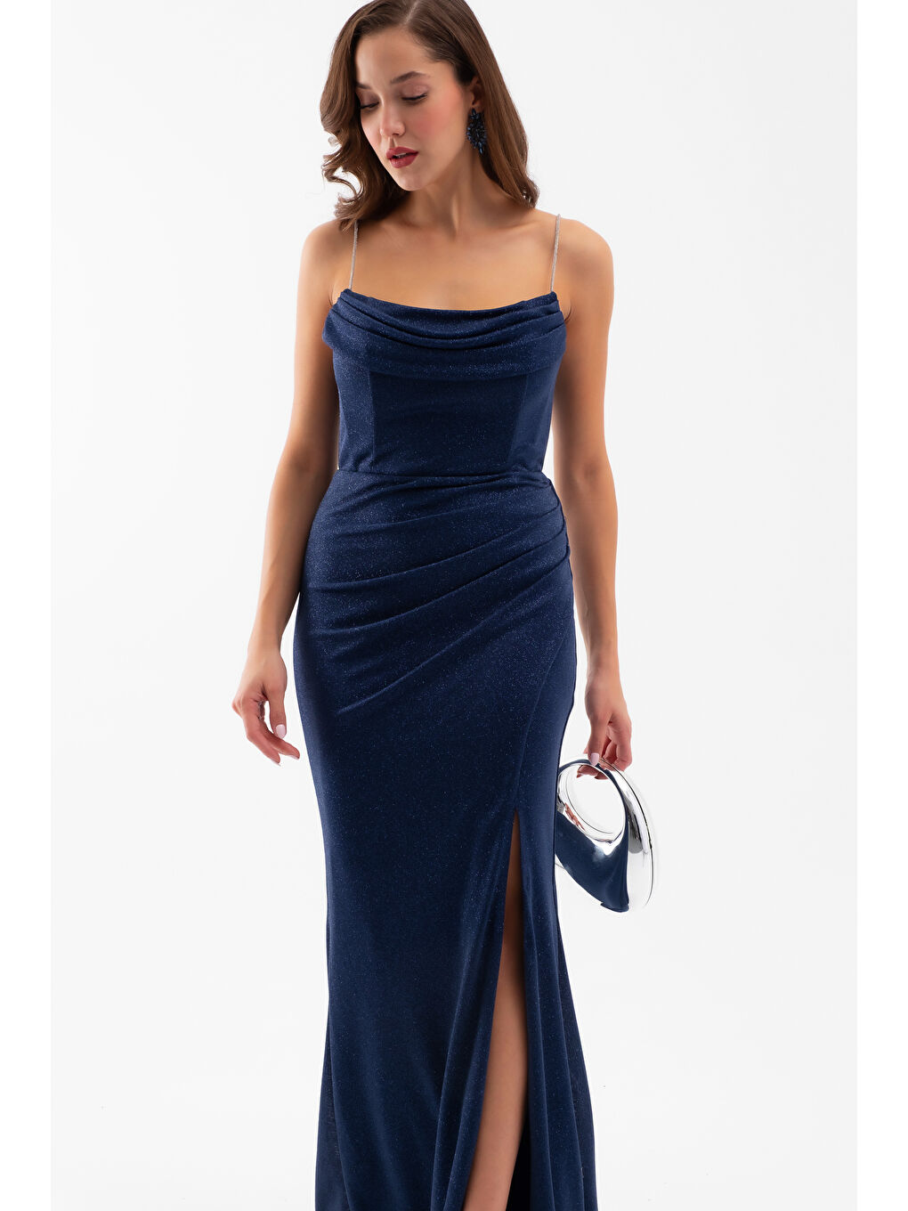 Kadın Lacivert Askılı Simli Örme Abiye Elbise-2