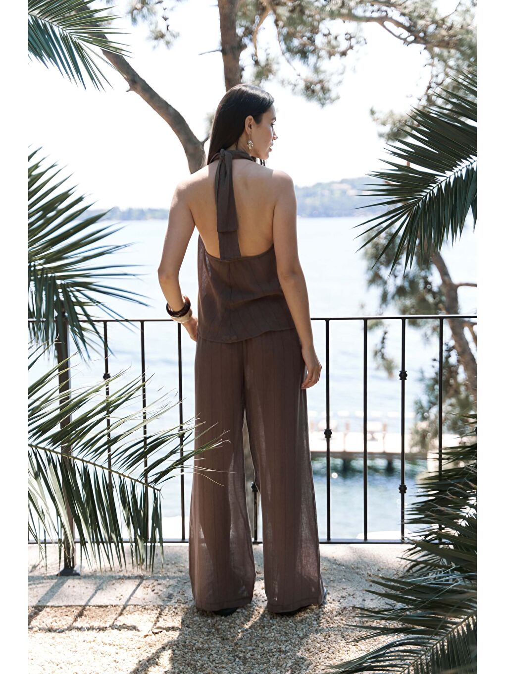 Kahverengi Cadhas Boyundan Bağlamalı Kahve Crop Pantolon Takım-4