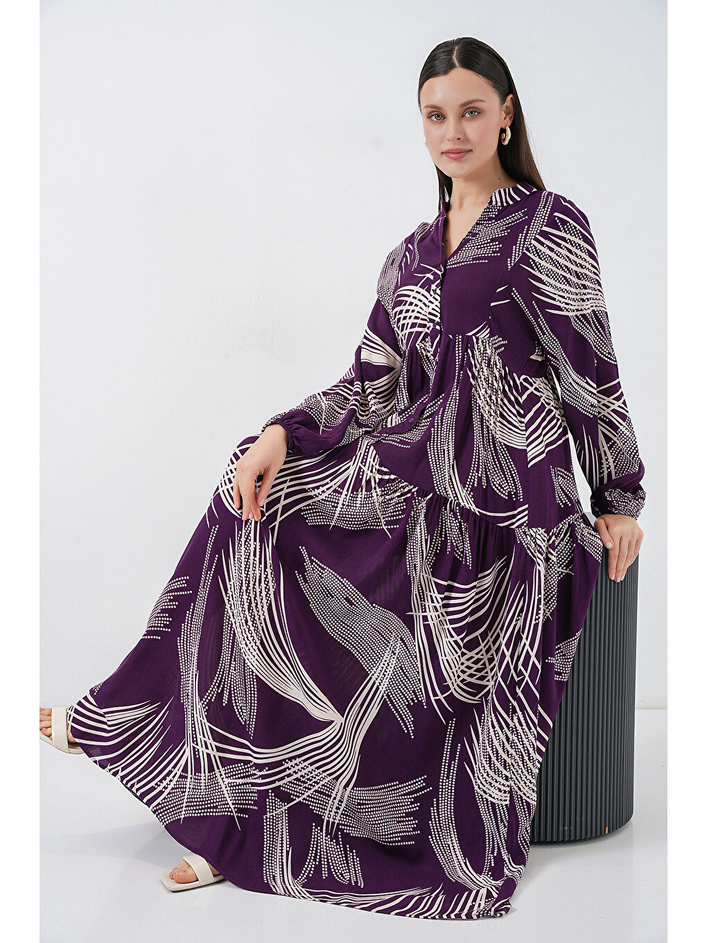 Kadın Desenli Uzun Tesettür Elbise 2585 - Mor-1