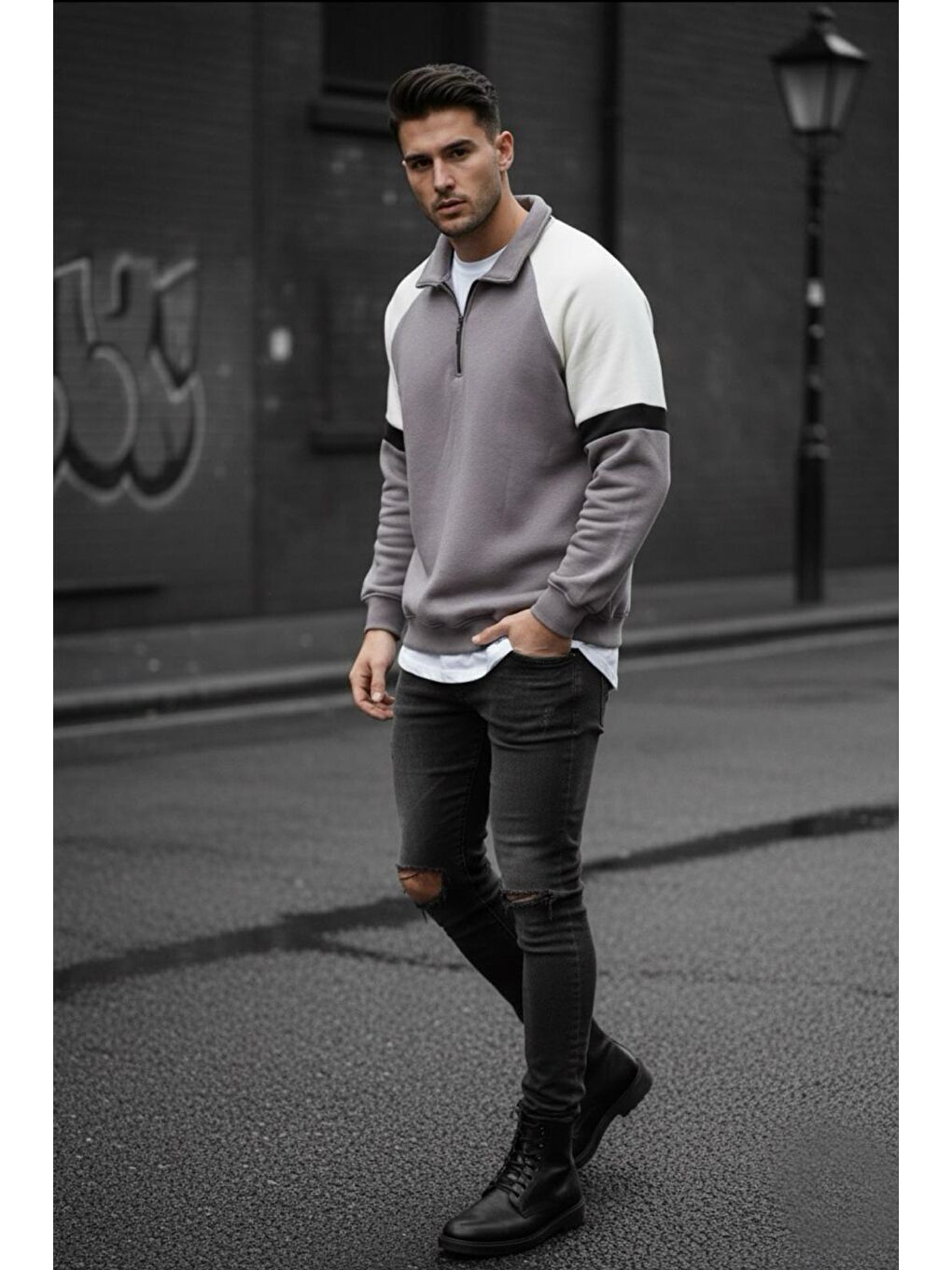 Gri Wesst Üç İplik Şardonlu Yarım Fermuarlı Yaka Erkek Sweatshirt-1