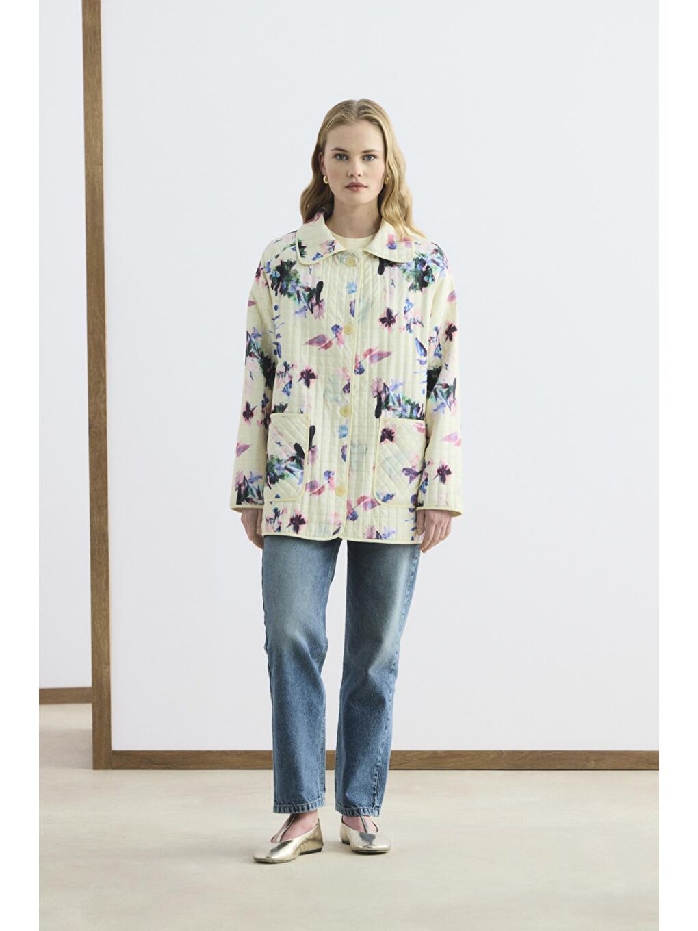 Desenli Klasik Yaka İnce Kapitone Ceket Sarı-1