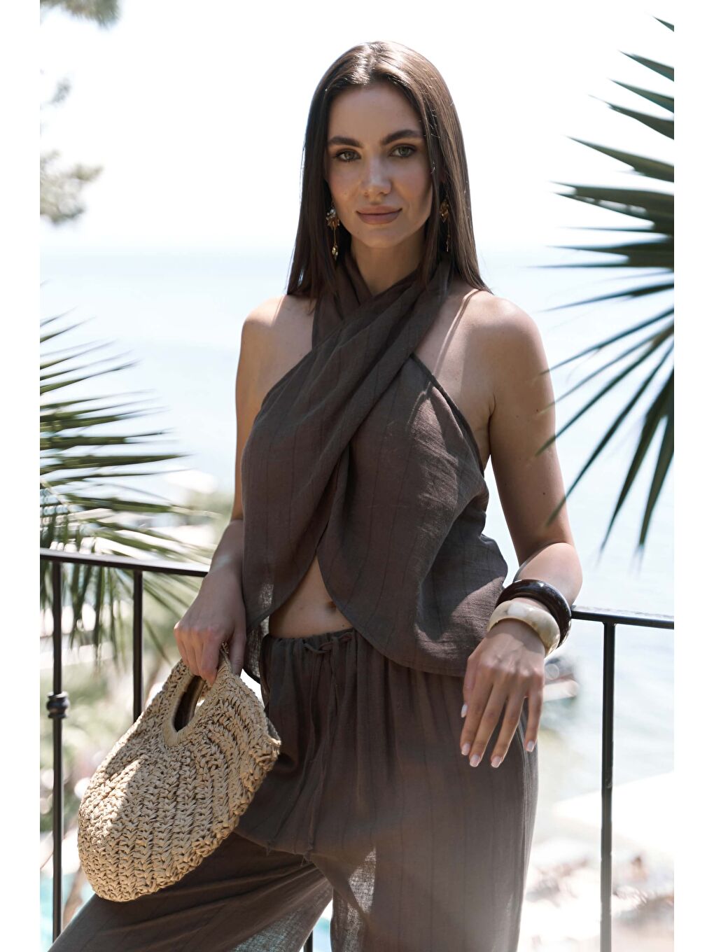 Kahverengi Cadhas Boyundan Bağlamalı Kahve Crop Pantolon Takım-5