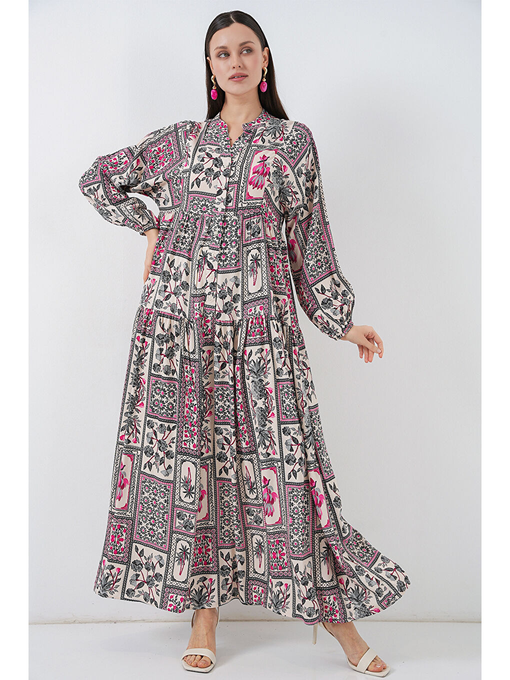 Kadın Desenli Uzun Tesettür Elbise 2585 - B. Fuşya