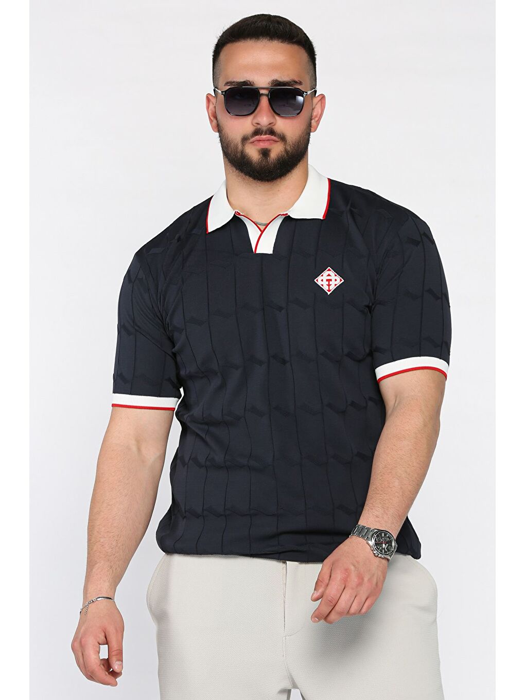 Lacivert Polo Yaka Desenli Triko Tişört