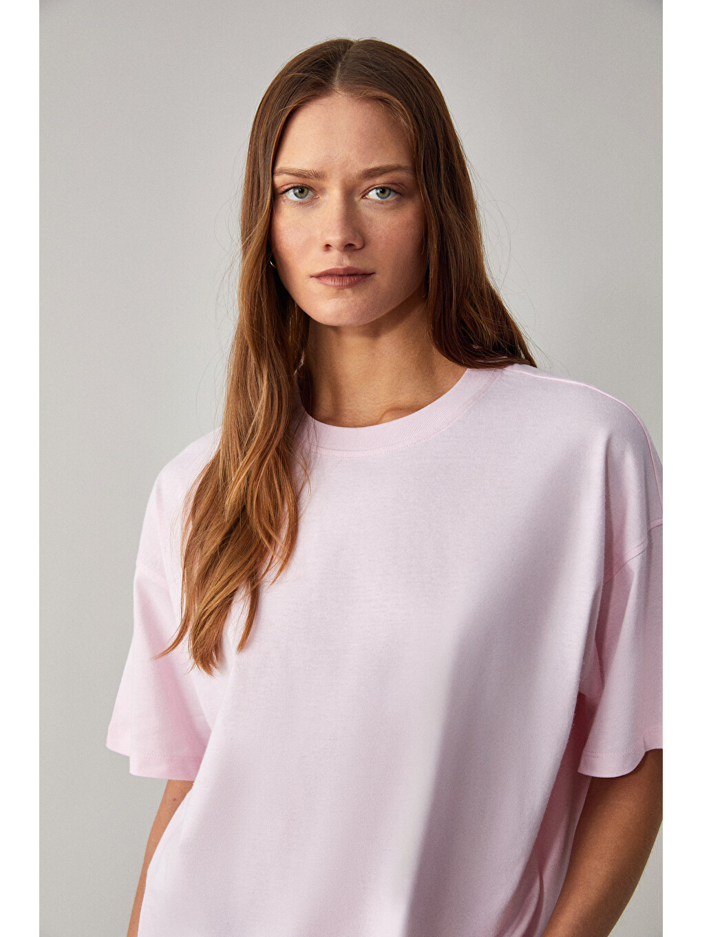 Pembe LAGERTHA Kadın %100 organik Pamuklu Kalın Dokulu Oversize Fit Yuvarlak Yakalı AÇIK PEMBE T-Shirt-3