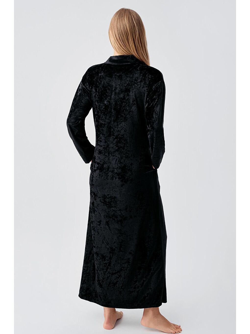 Siyah Uzun Kollu Fermuarlı Cepli Esnek Viskoz Kadife Elbise-1