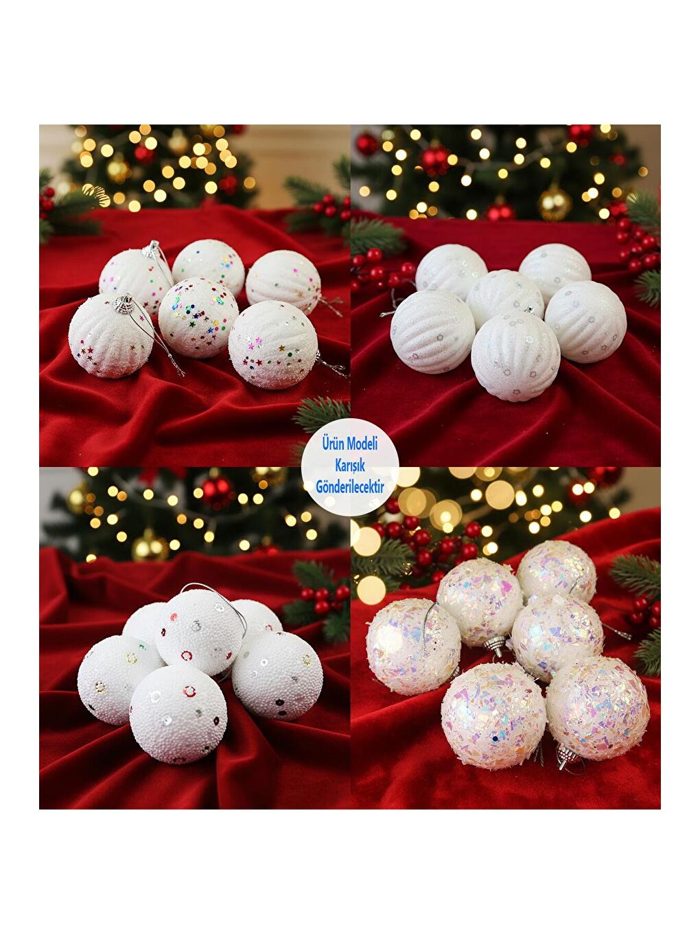 Karışık Beyaz Yılbaşı Ağaç Süsü Top Seti – 6 Adet-1
