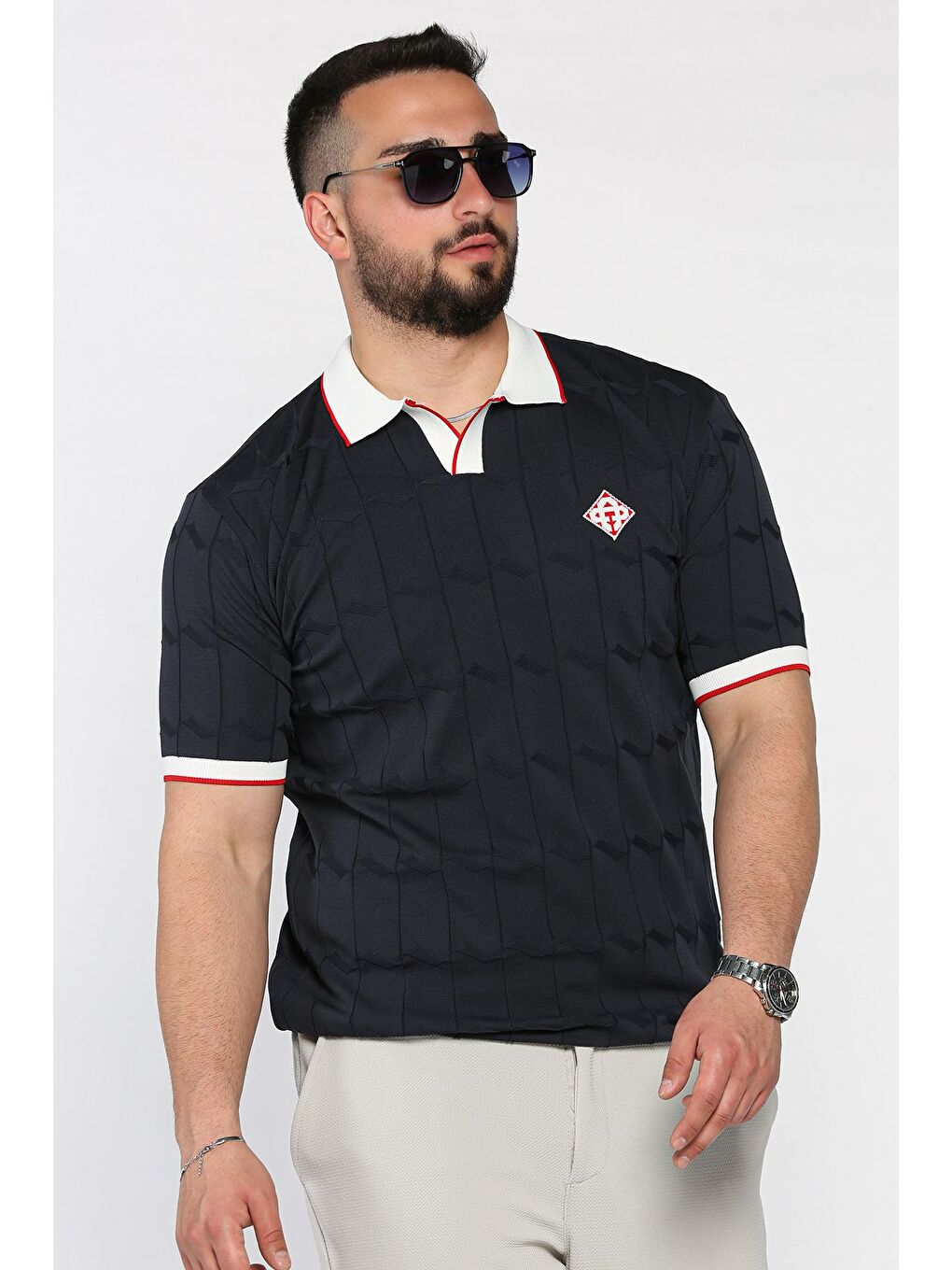 Lacivert Polo Yaka Desenli Triko Tişört-1