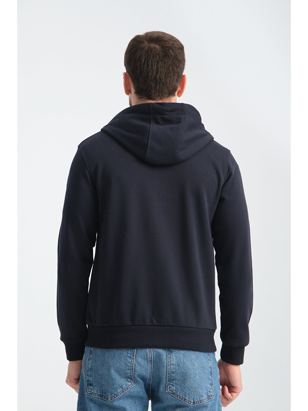 Lacivert Erkek Üç İplik Şardonsuz Fermuarlı Kapüşonlu Sweatshirt-6