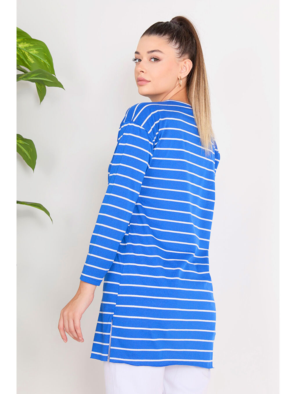 Mavi Çİzgili Yırtmaçlı Tunik Saks - 27134-4