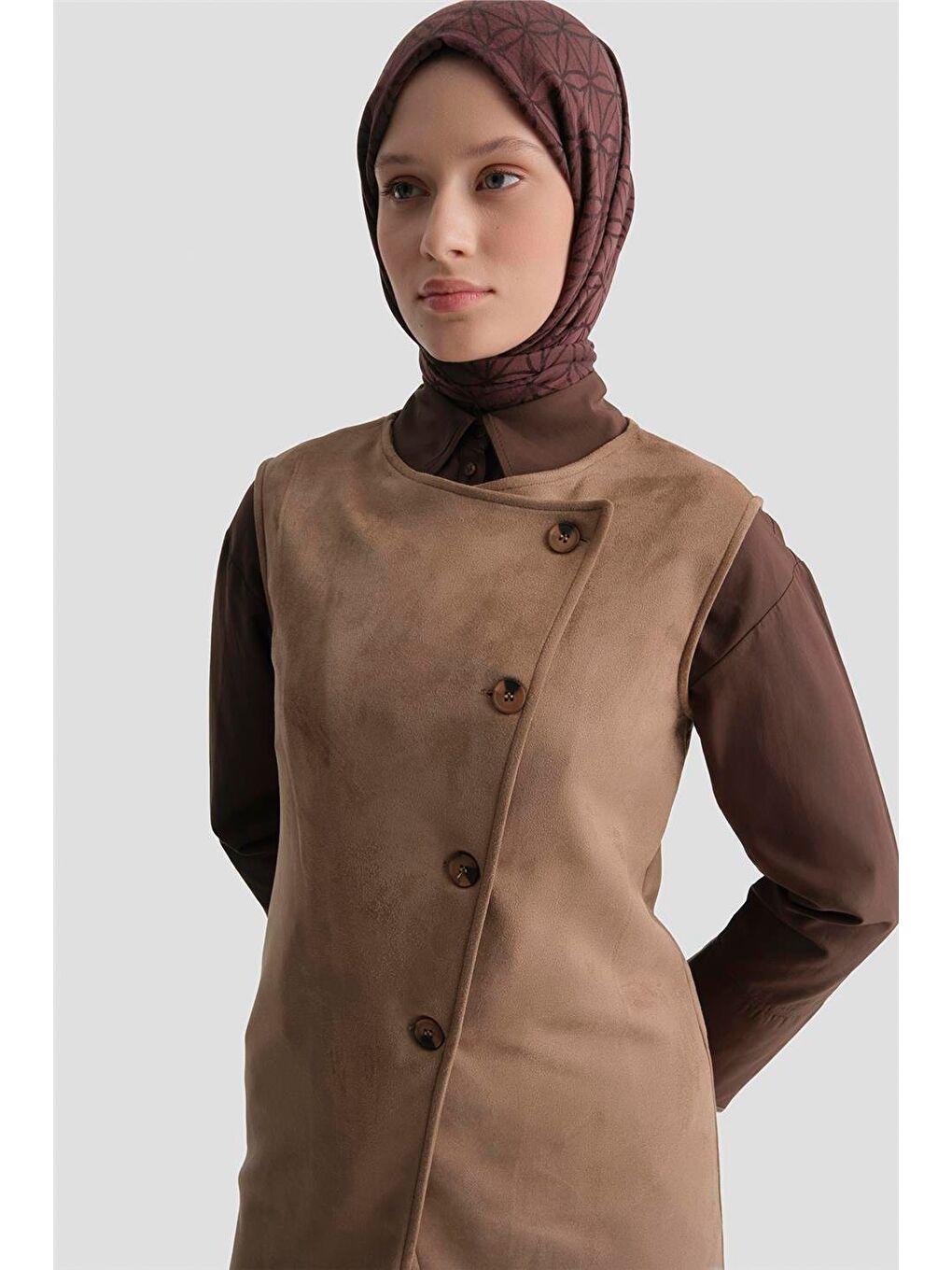 Kahverengi Yelekli Süet Takım 25Kd4395 Camel-1