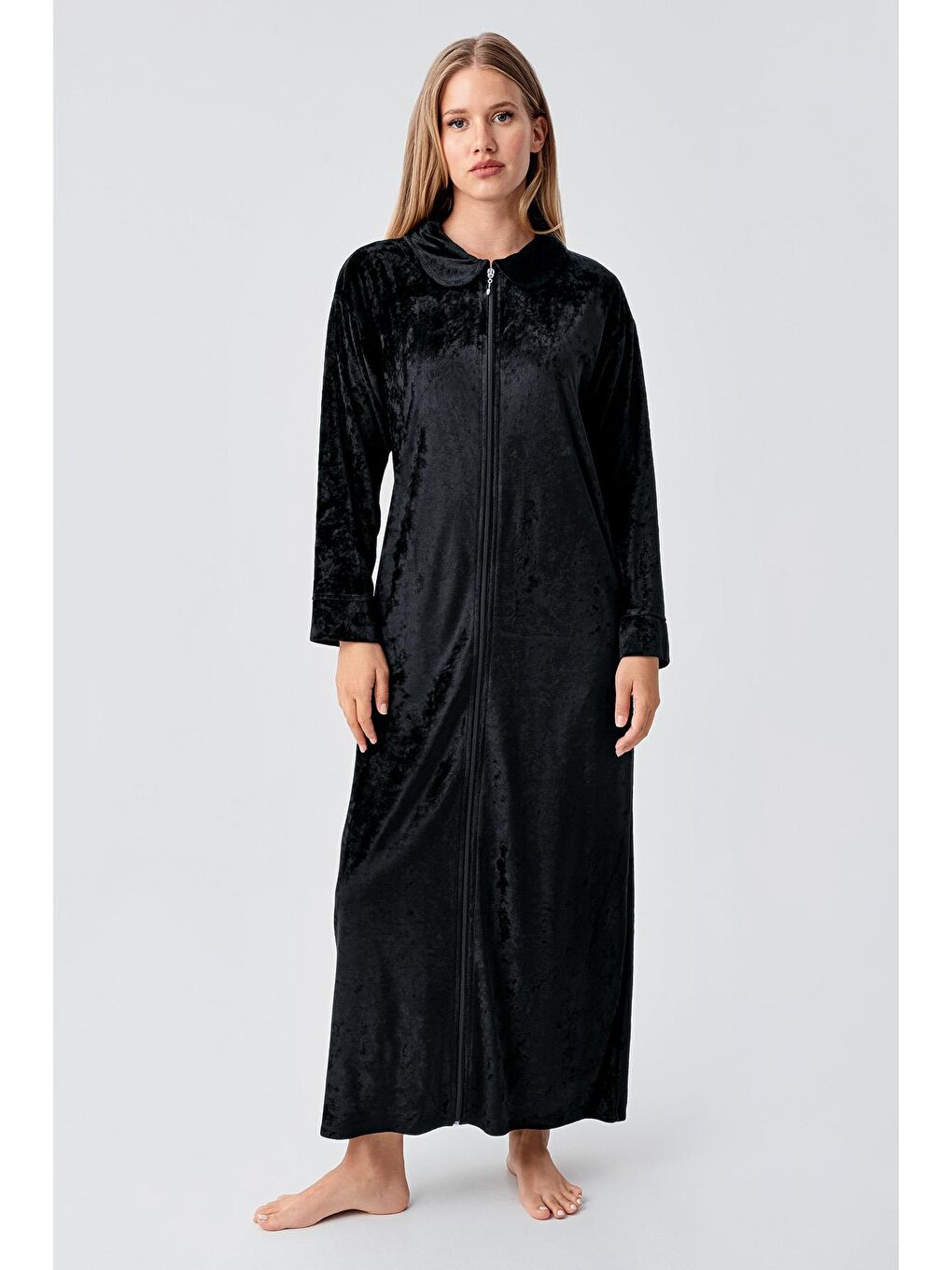 Siyah Uzun Kollu Fermuarlı Cepli Esnek Viskoz Kadife Elbise-2