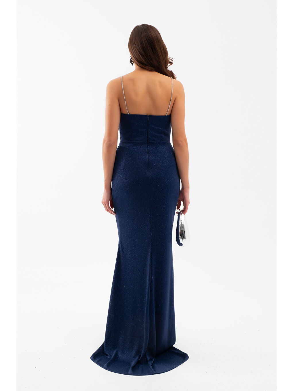 Kadın Lacivert Askılı Simli Örme Abiye Elbise-5