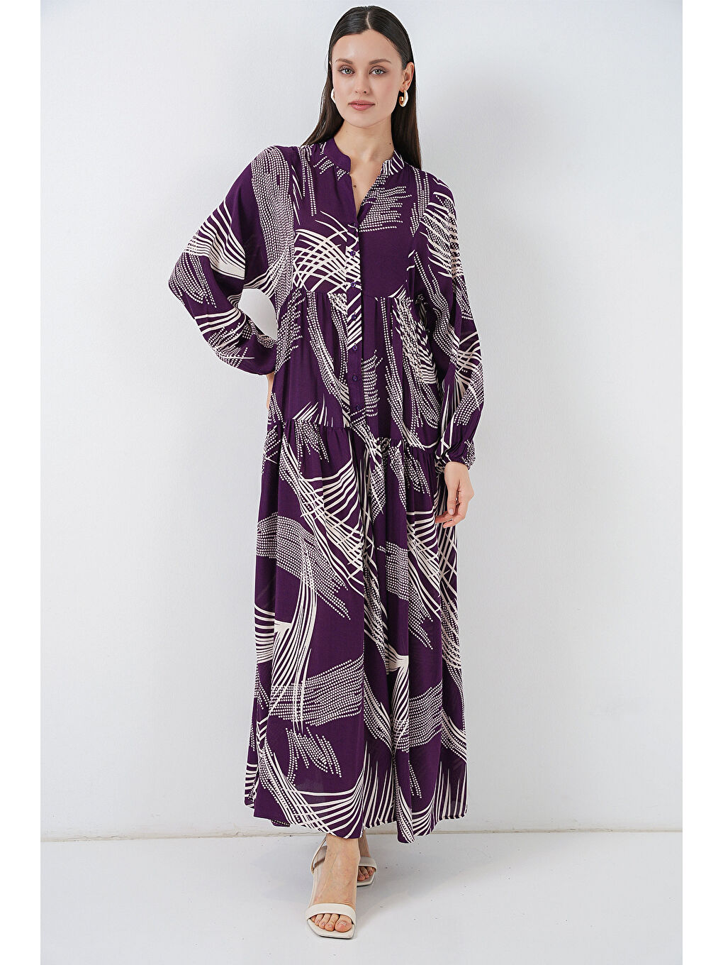 Kadın Desenli Uzun Tesettür Elbise 2585 - Mor-3