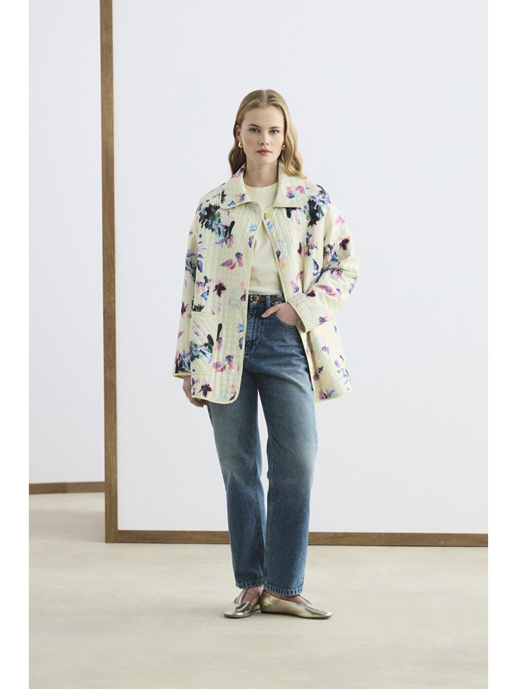 Desenli Klasik Yaka İnce Kapitone Ceket Sarı-3