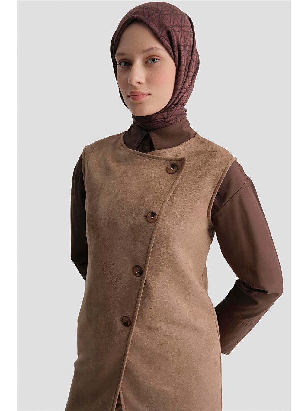 Kahverengi Yelekli Süet Takım 25Kd4395 Camel-2