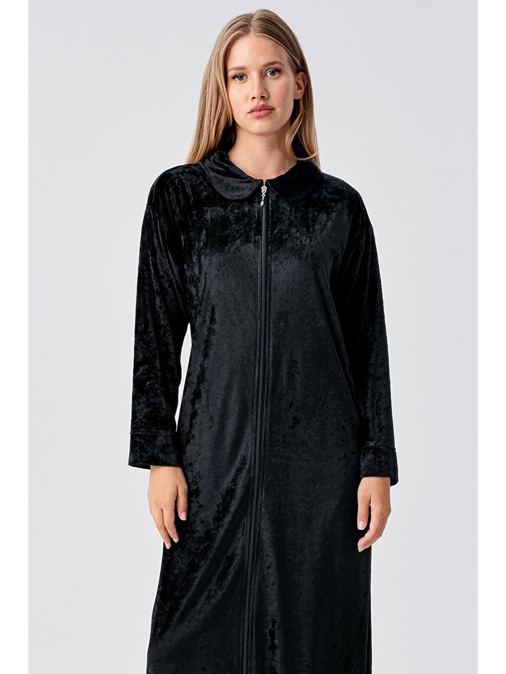 Siyah Uzun Kollu Fermuarlı Cepli Esnek Viskoz Kadife Elbise-3