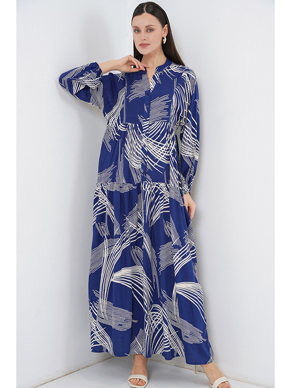 Kadın Desenli Uzun Tesettür Elbise 2585 - C.Lacivert