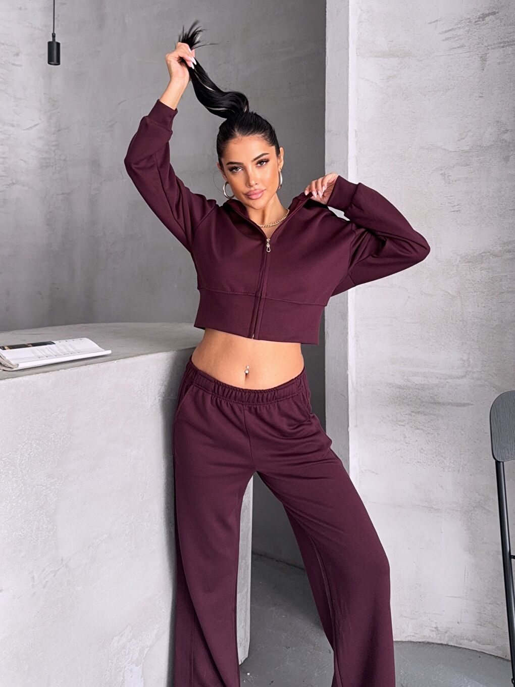 Modal Kumaş Crop Üst Eşofman Takım Bordo-3