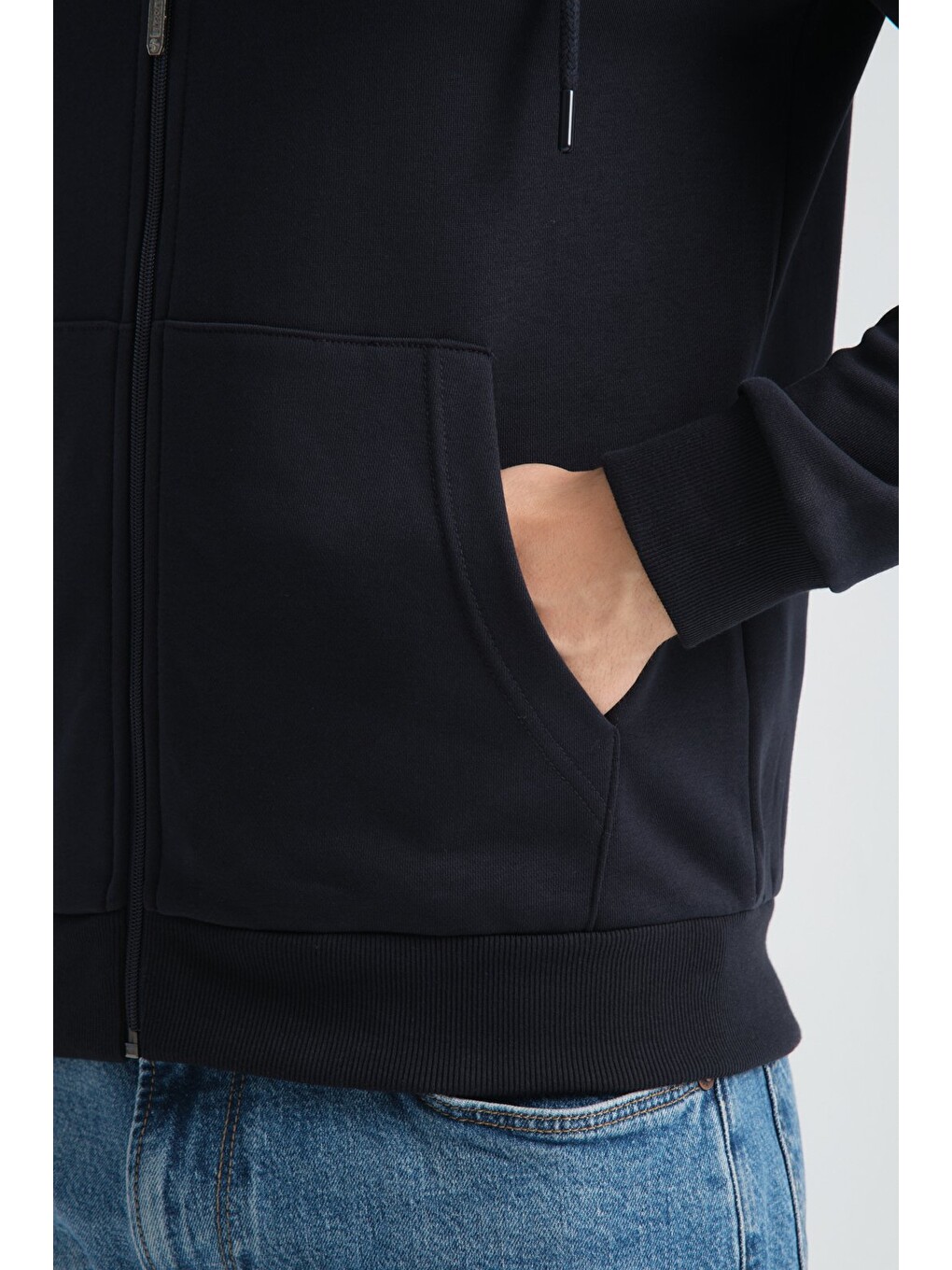 Lacivert Erkek Üç İplik Şardonsuz Fermuarlı Kapüşonlu Sweatshirt-7
