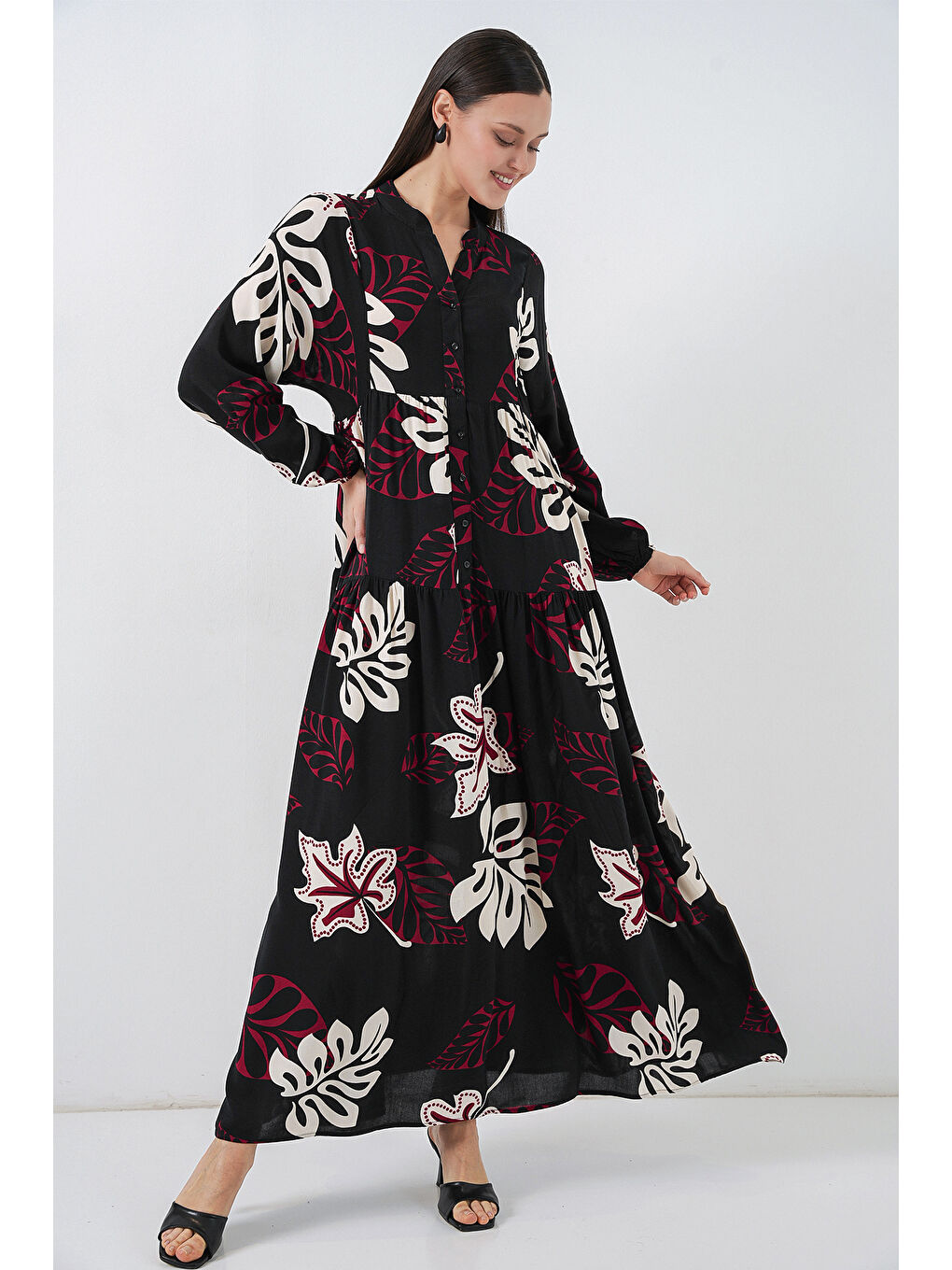 Kadın Desenli Uzun Tesettür Elbise 2585 - Z.Siyah