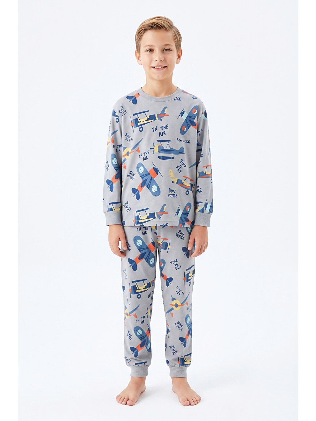 Gri %100 Pamuk Erkek Çocuk Pijama Takımı 8-13 Yaş 12735ıs-1