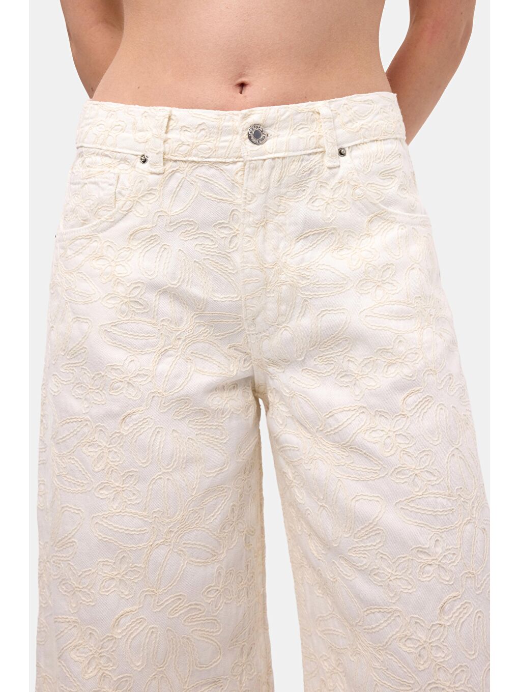 Kadın Kırık Beyaz 7s6-101 Palazzo Fit Özel Nakışlı Tasarım Denim Jean-1