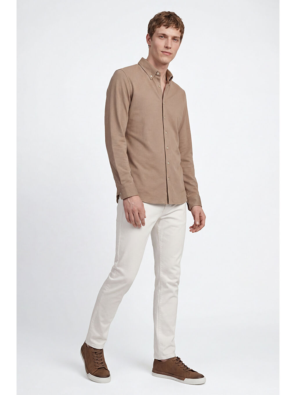 Bej Erkek Vizon Pamuklu Tailored Slim Fit Dar Kesim Düğmeli Yaka Örme Gömlek-2