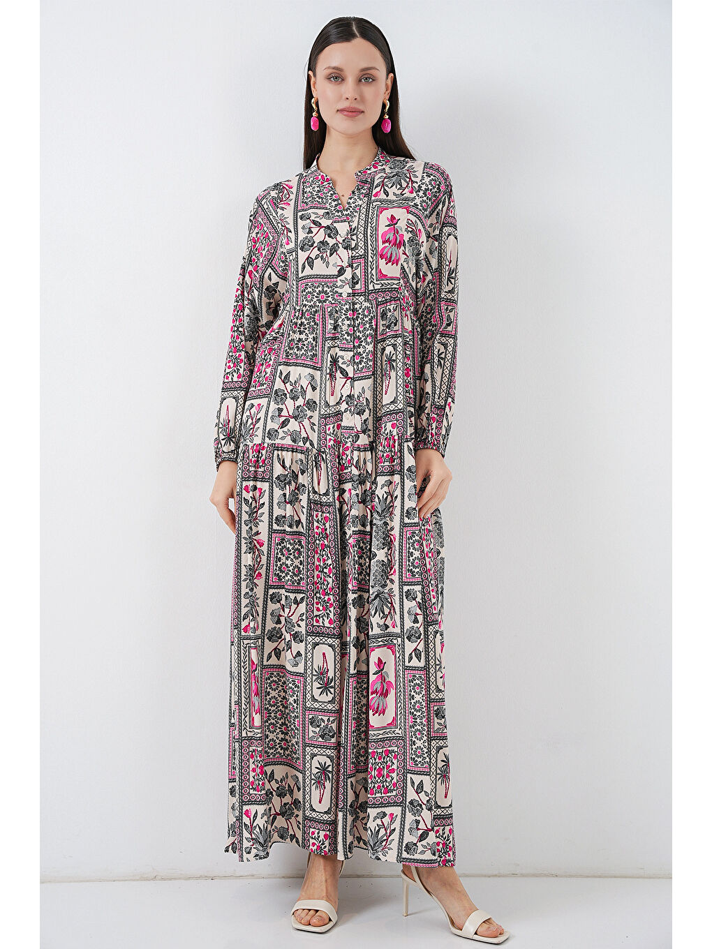 Kadın Desenli Uzun Tesettür Elbise 2585 - B. Fuşya-1