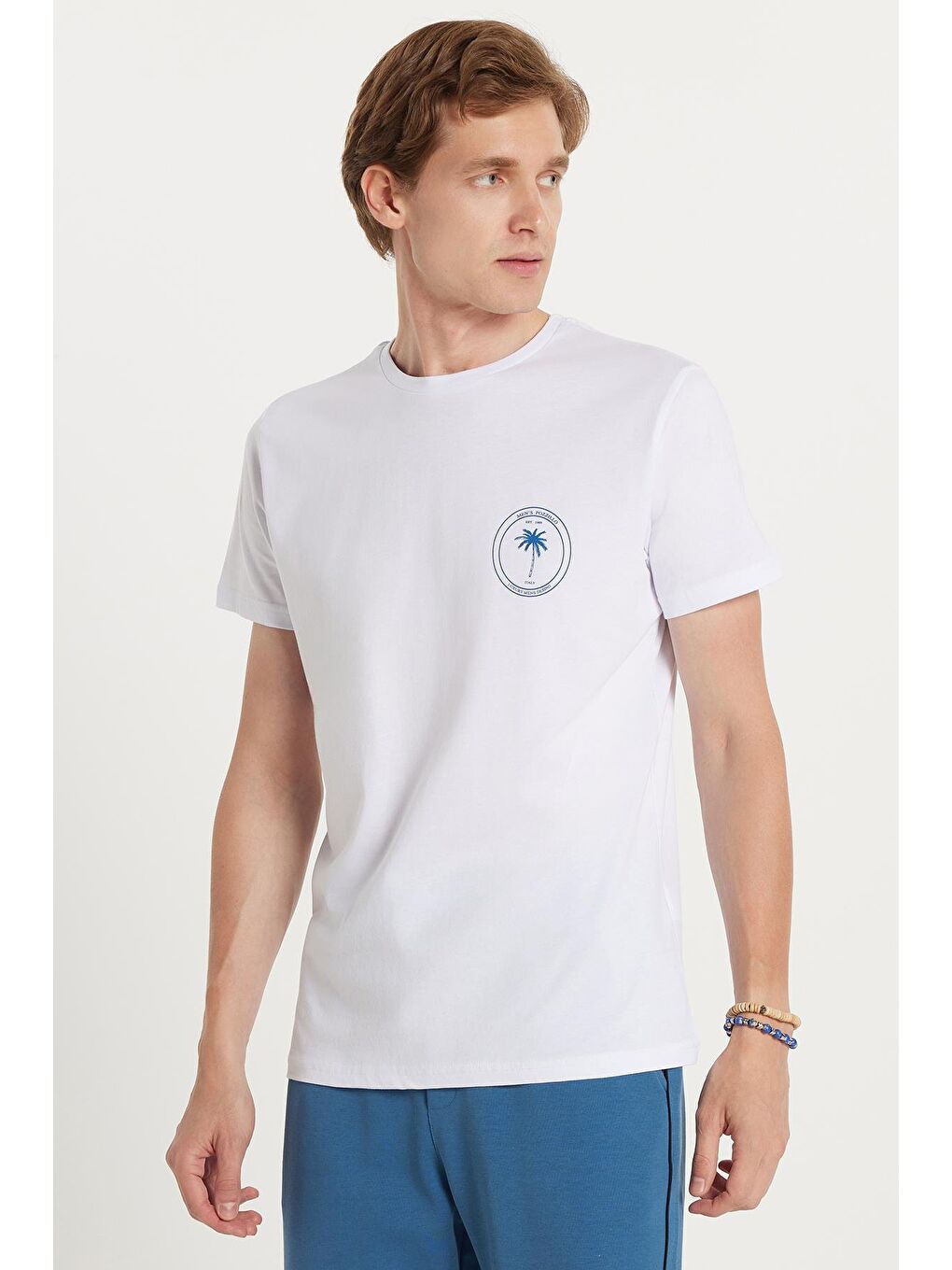 Erkek Slim Fit Dar Kesim %100 Pamuk Yumuşak Dokulu Baskılı Beyaz Bisiklet Yaka Tişört-3