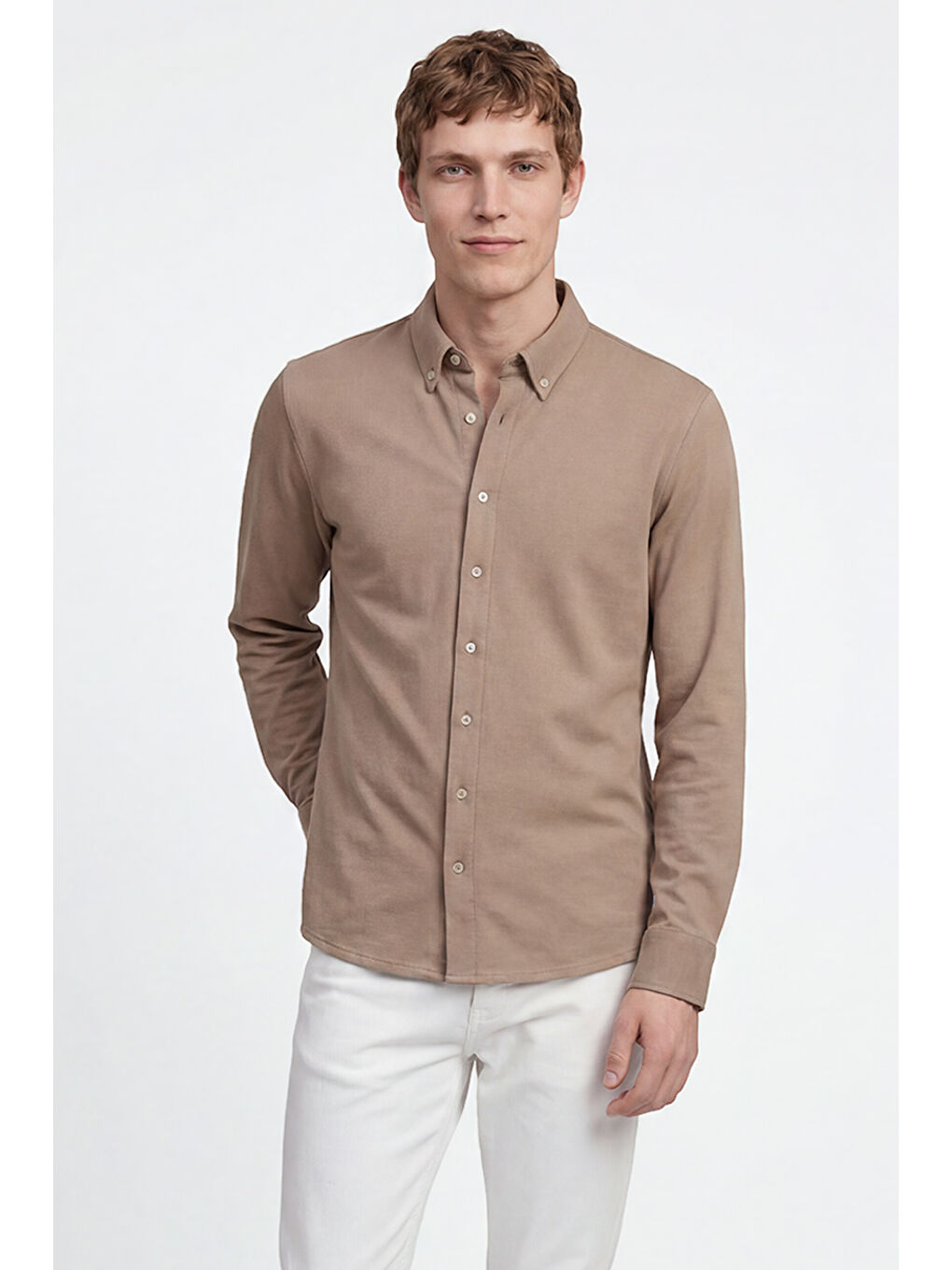 Bej Erkek Vizon Pamuklu Tailored Slim Fit Dar Kesim Düğmeli Yaka Örme Gömlek-3