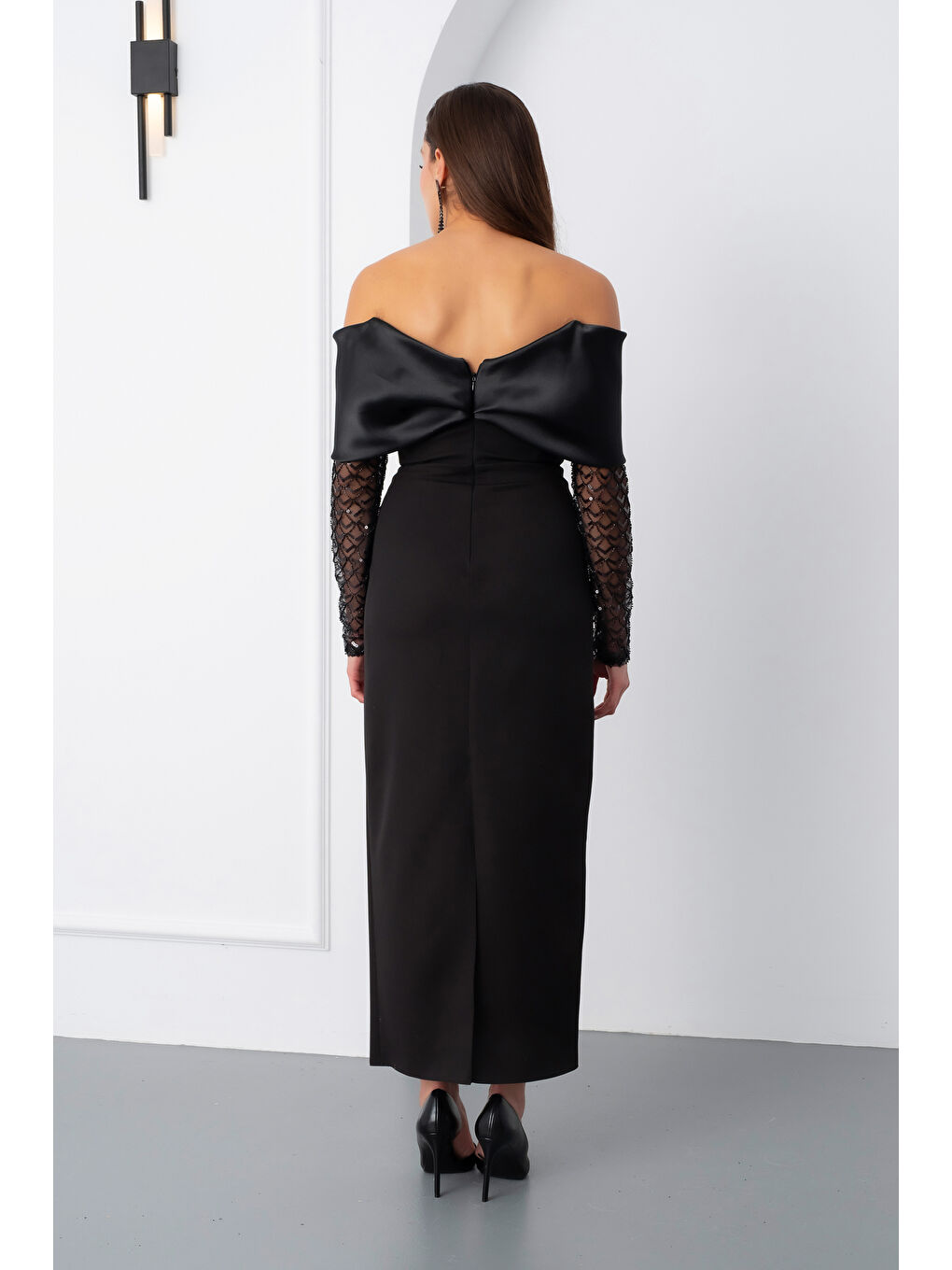 Kadın Siyah Kol Detaylı Fiyonklu Söz Nişan Nikah Abiye Elbise-5