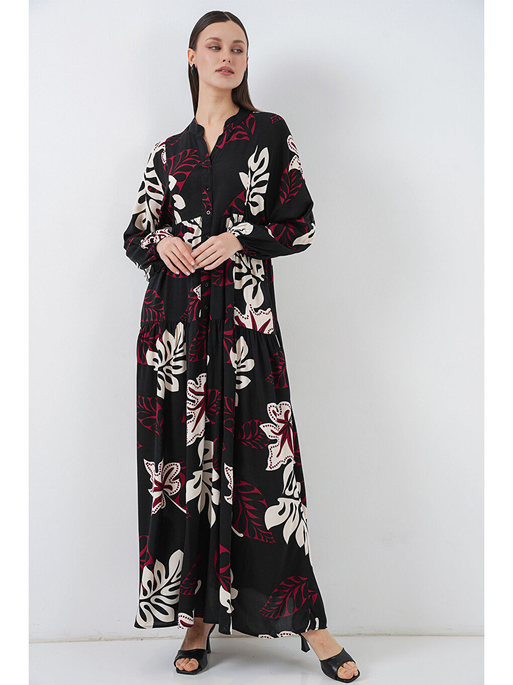 Kadın Desenli Uzun Tesettür Elbise 2585 - Z.Siyah-1